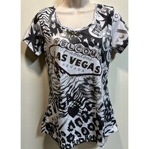 NEW Women’s Bling Las Vegas White T-Shirt Short Sleeve Double Sided Size Large